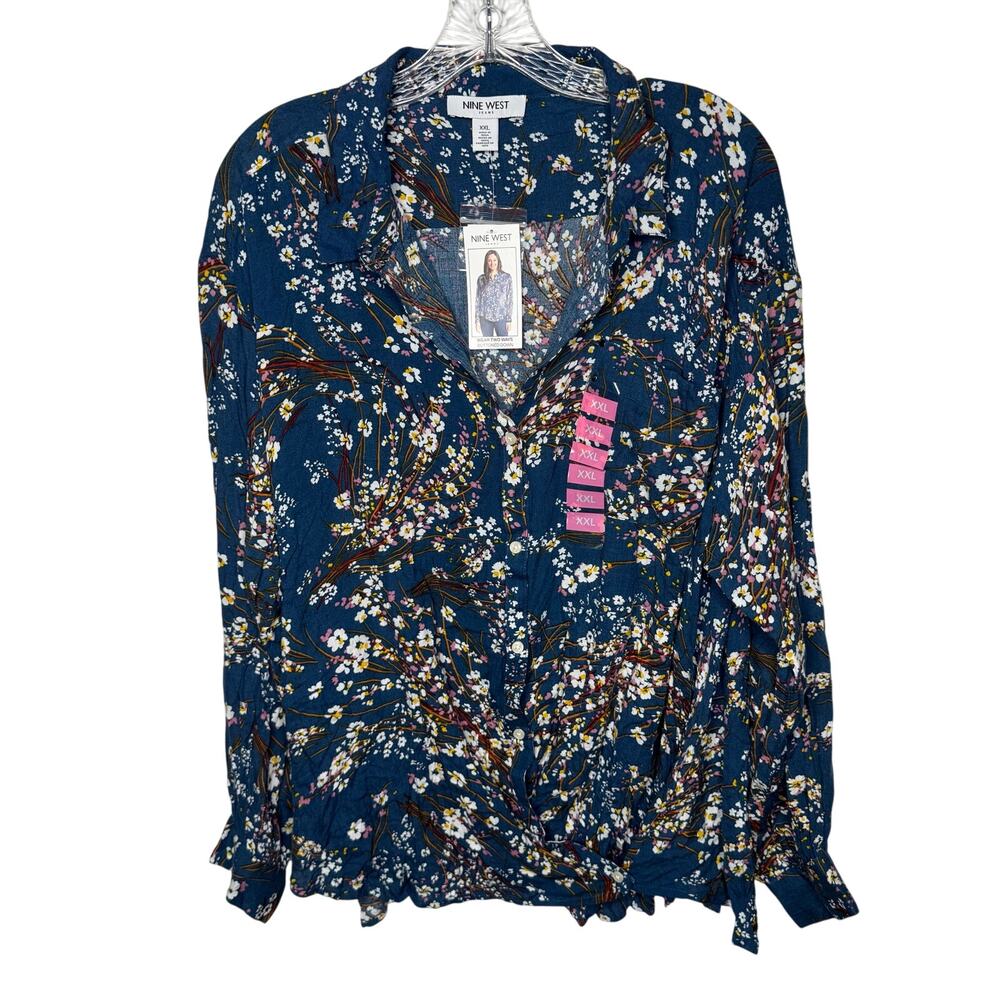 Nine West Jeans Floral Button‎ Front Blouse XXL Teal Realm Tumbling Flowers NWT